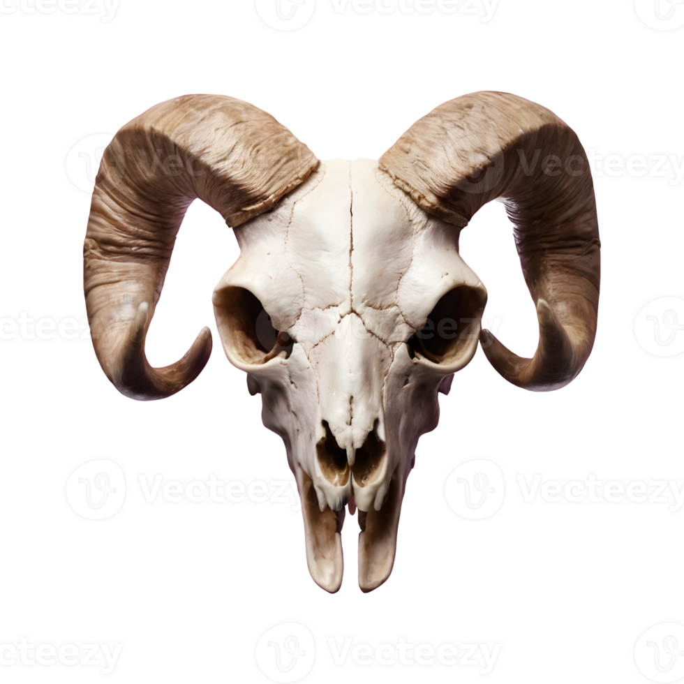 AI generated Transparent background with a horned sheep skull head isolated png