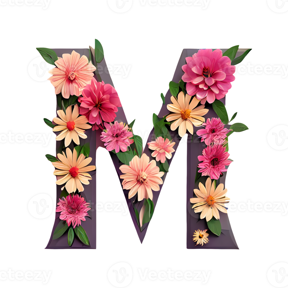AI generated Letter m with flower elements flower made of flower 3d isolated on transparent background png