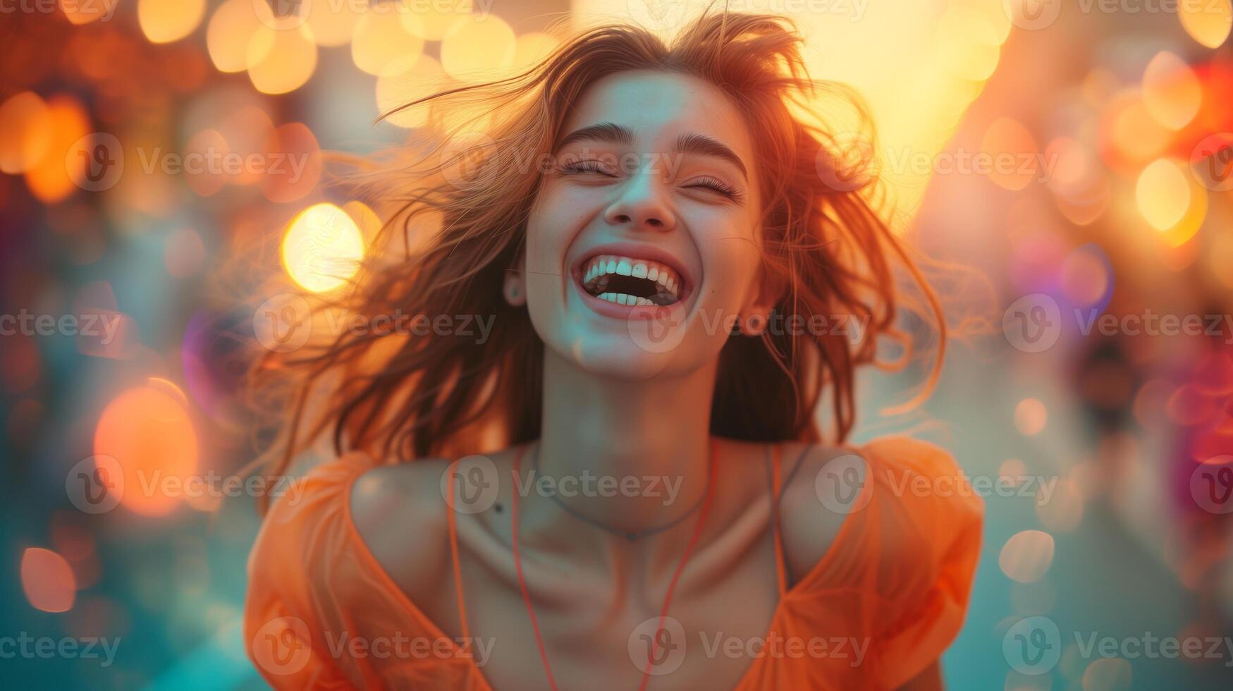 ai generado mujer en un estado de puro alegría, cerca arriba, felicidad, exitoso foto