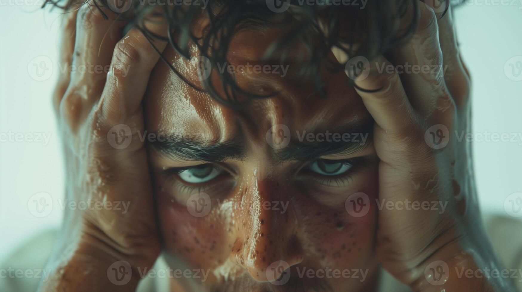 AI generated Man clutches his head in despair,hands gripping head showing shocked, screaming, depressed expressions. photo
