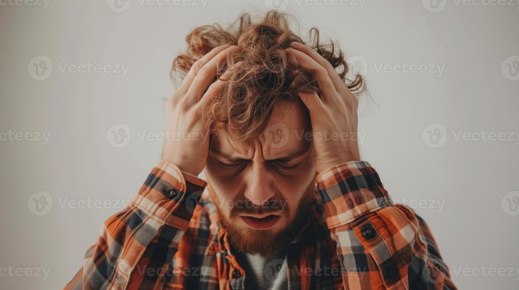 AI generated Man clutches his head in despair,hands gripping head showing shocked, screaming, depressed expressions. photo