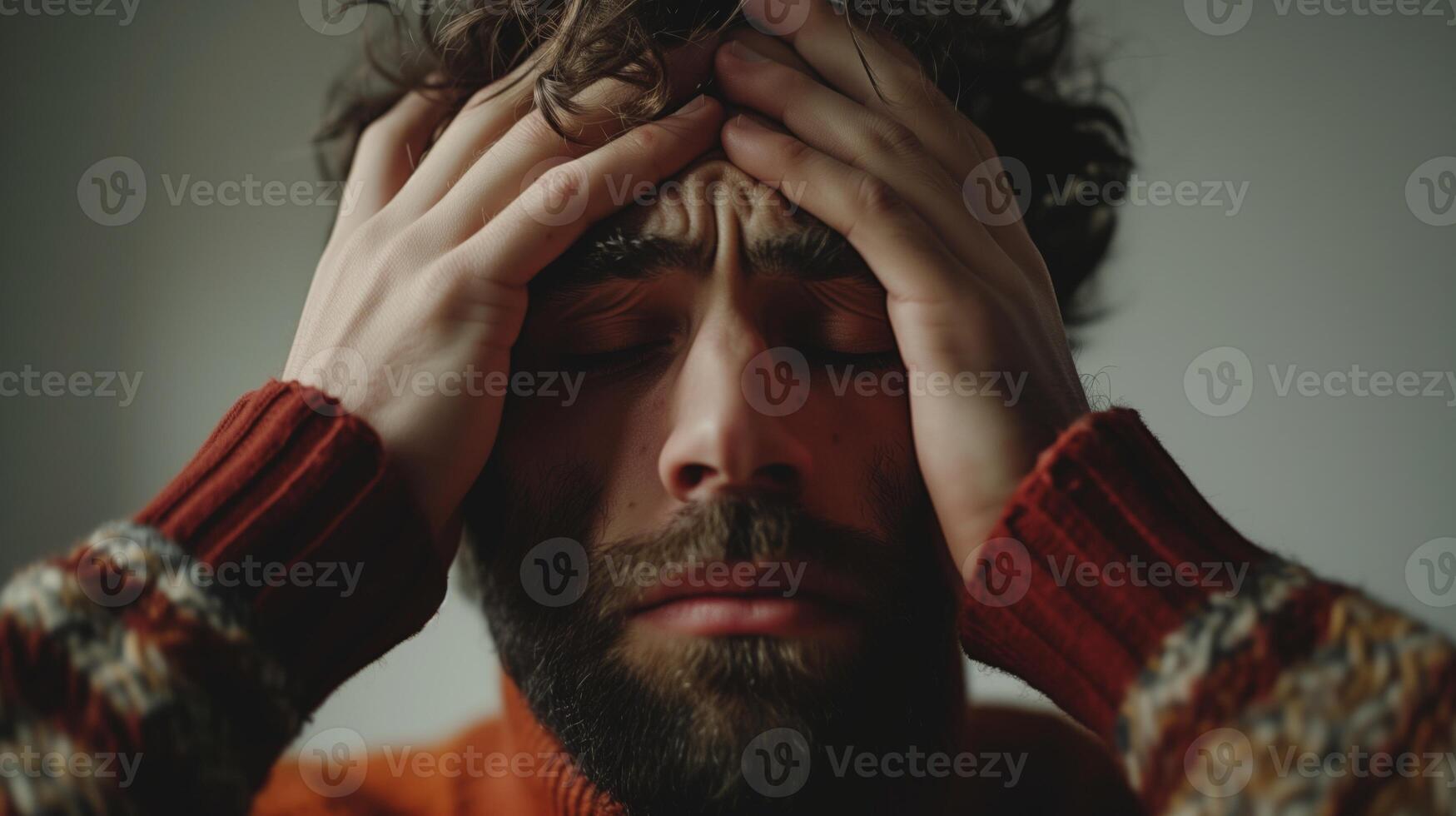AI generated Man clutches his head in despair,hands gripping head showing shocked, screaming, depressed expressions. photo