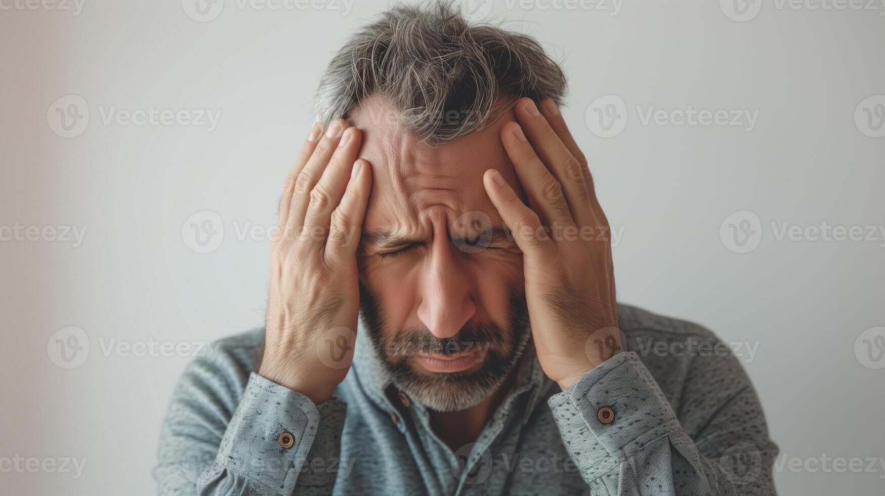 AI generated Man clutches his head in despair,hands gripping head showing shocked, screaming, depressed expressions. photo