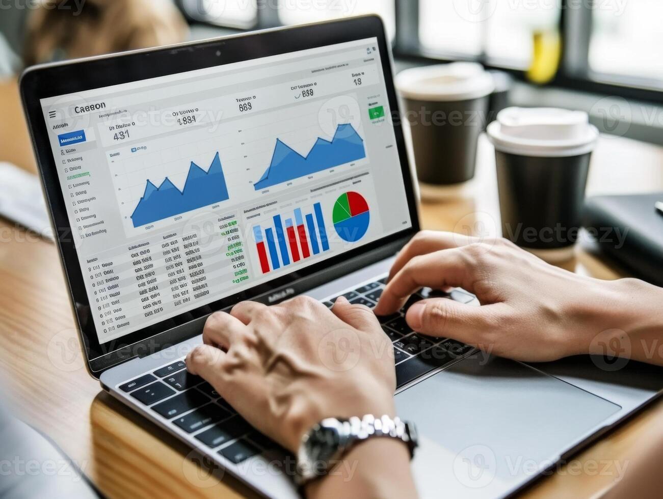 AI Generated Hands working on a laptop with charts and statistical data in close-up view photo