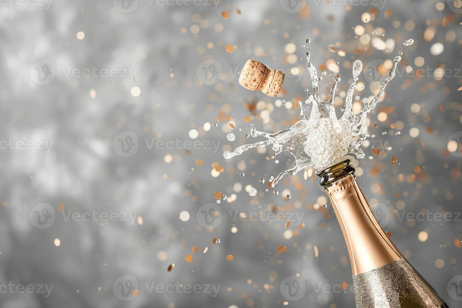 AI Generated Cork of sparkling wine popped to celebrate the new year. Generative AI photo