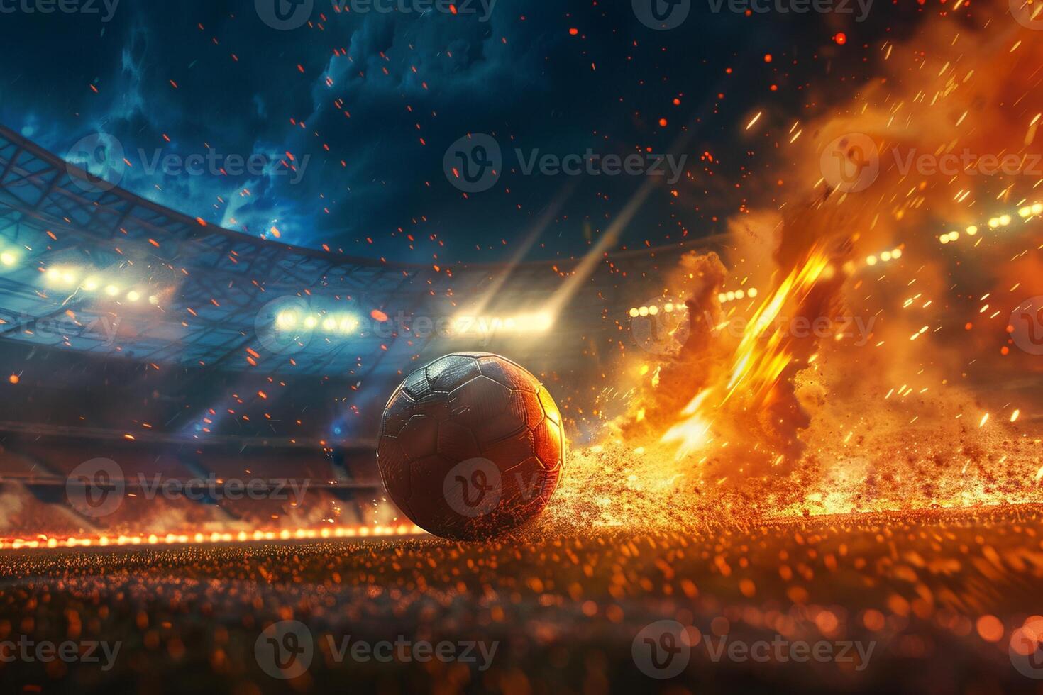 AI Generated Fiery soccer ball on stadium field at night. Generative AI photo