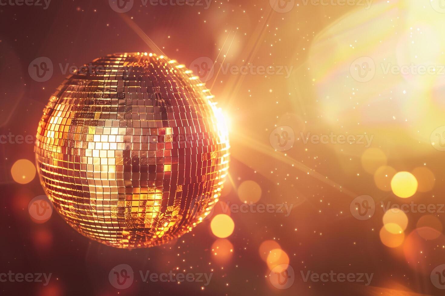 AI Generated Discotheque disco balls with golden lights. Generative AI photo