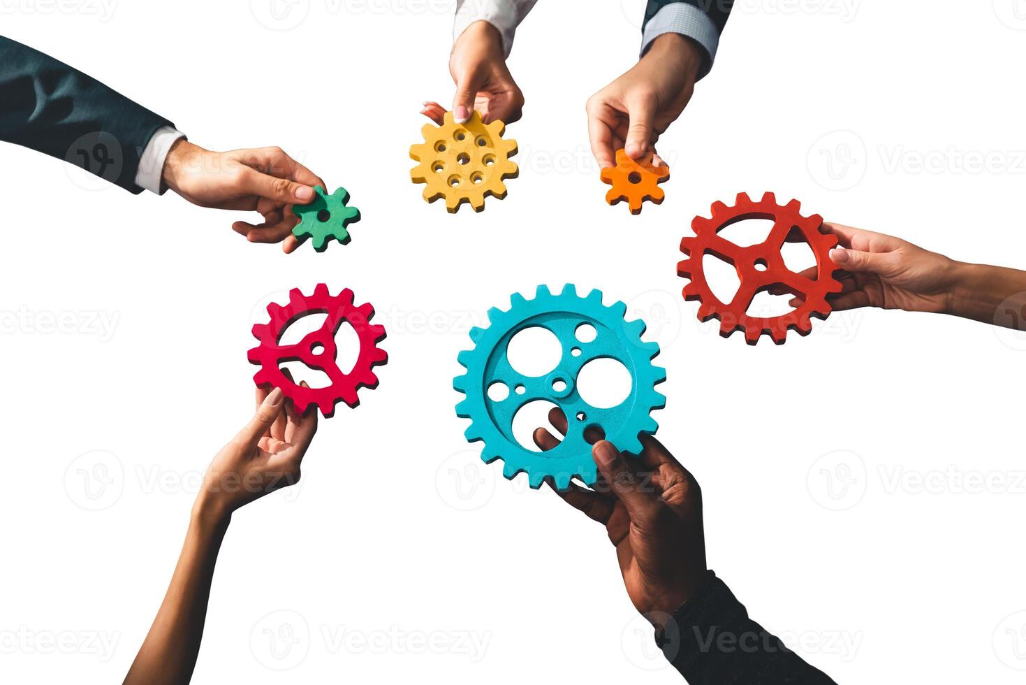 Business team work together and combine pieces of gears. Partnership and integration concept photo