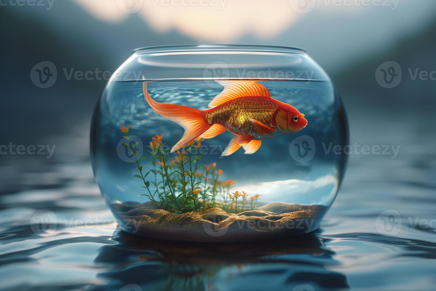 AI Generated Goldfish closed in a glass vial with the sea around it. Generative AI photo