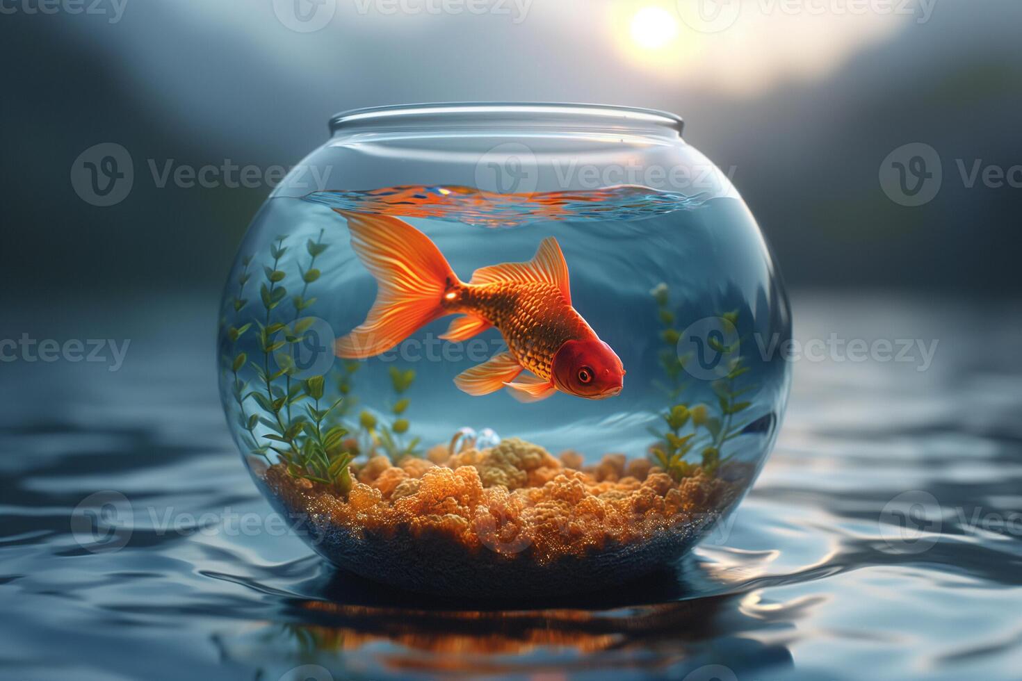 AI Generated Goldfish closed in a glass vial with the sea around it. Generative AI photo