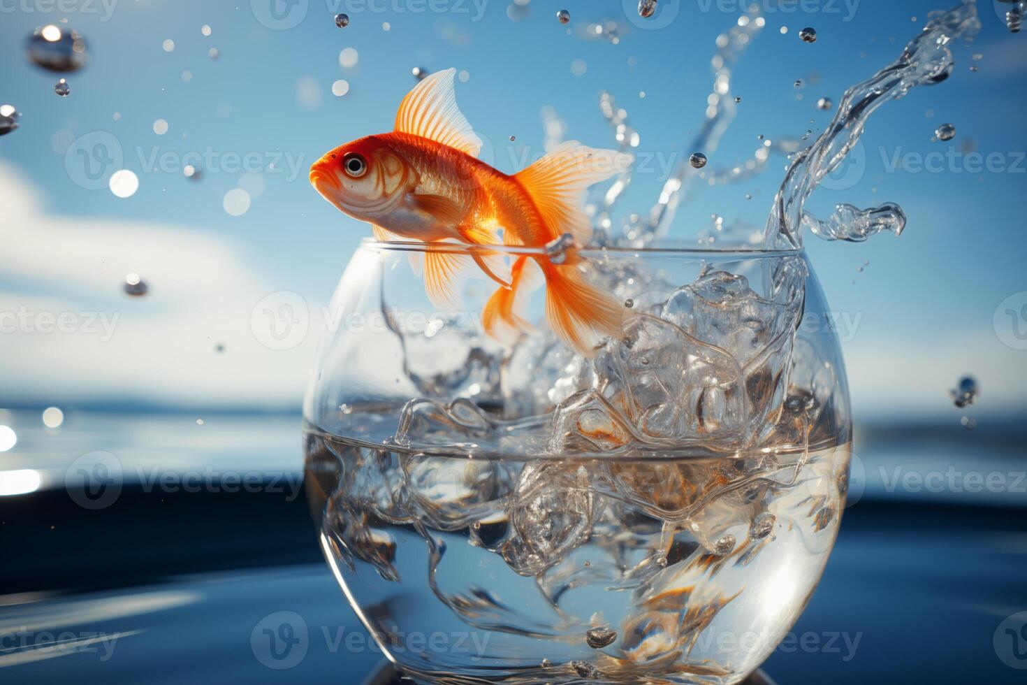 AI Generated Goldfish leaps out of the aquarium to throw itself into the sea. Generative AI photo