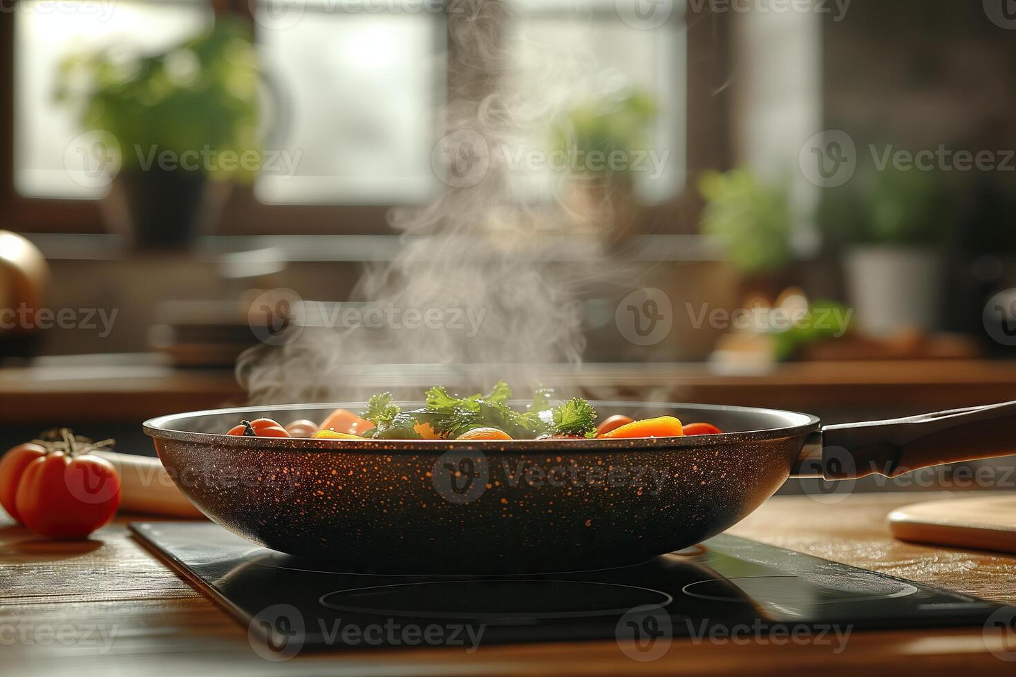 AI Generated Pan with vegetarian food cooking in an induction hob. Generative AI photo