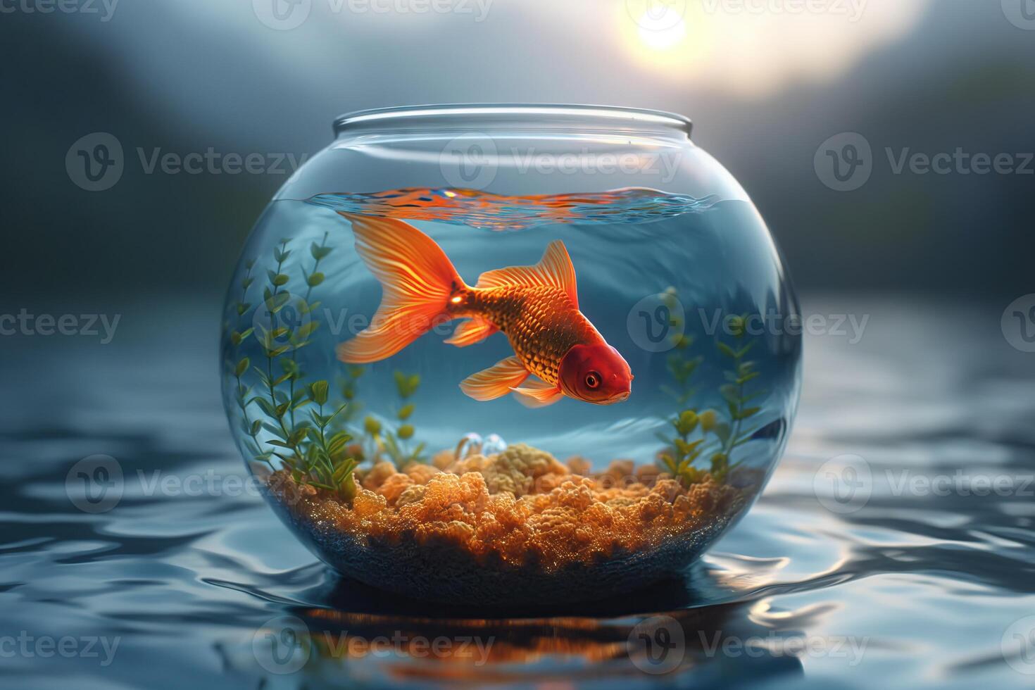 AI Generated Goldfish closed in a glass vial with the sea around it. Generative AI photo