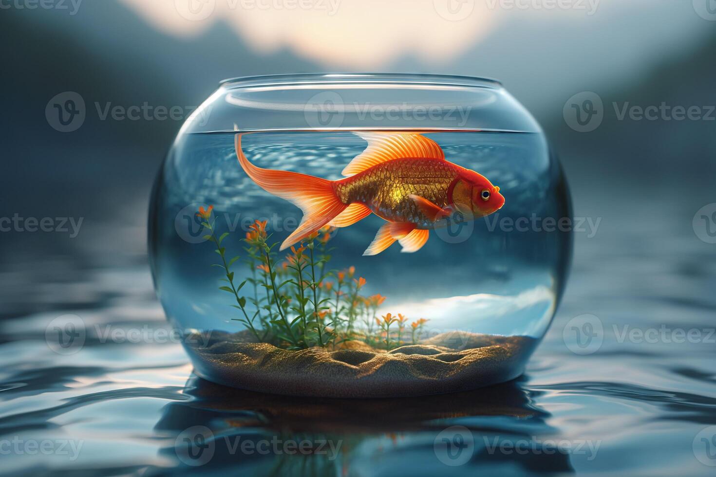 AI Generated Goldfish closed in a glass vial with the sea around it. Generative AI photo