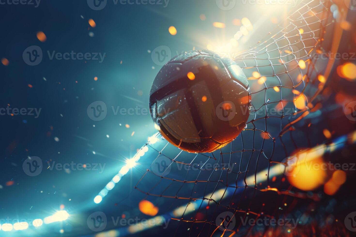 AI Generated Fiery soccer ball go fast at the football stadium. Generative AI photo