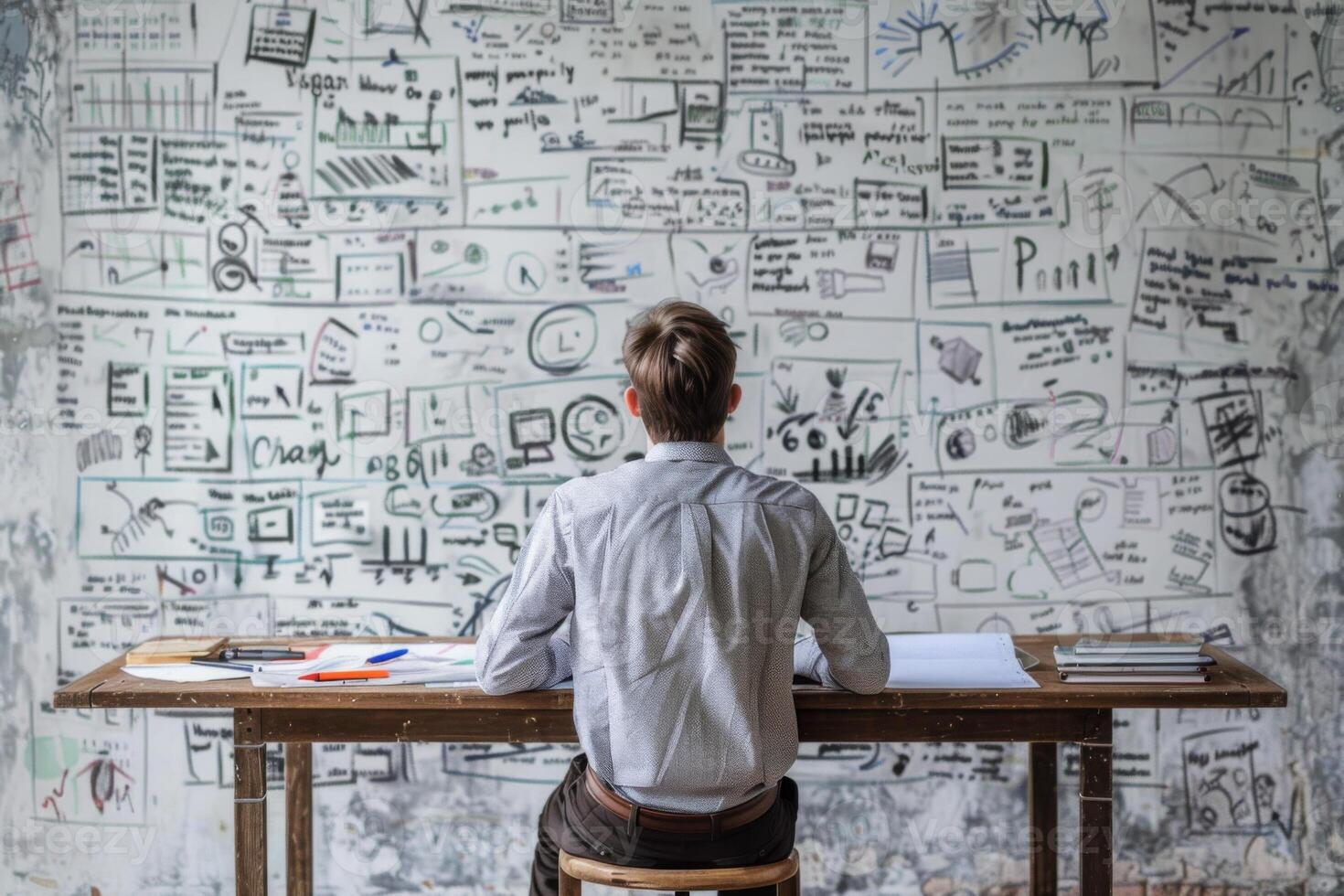 AI Generated Businessman works on a sketches of a startup creative project. Generative AI photo