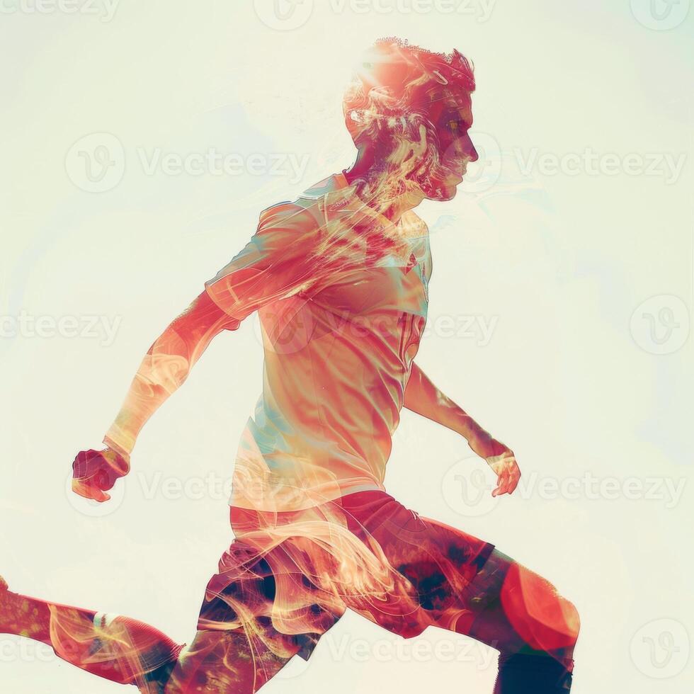AI Generated Double exposure of a Soccer player ready to kick the soccerball at the stadium. Generative AI photo