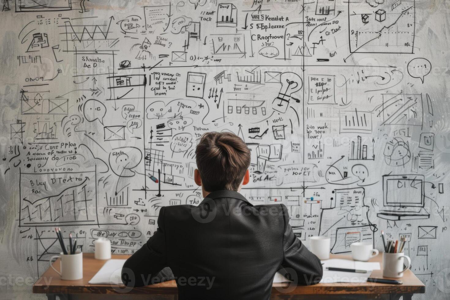 AI Generated Businessman works on a sketches of a startup creative project. Generative AI photo