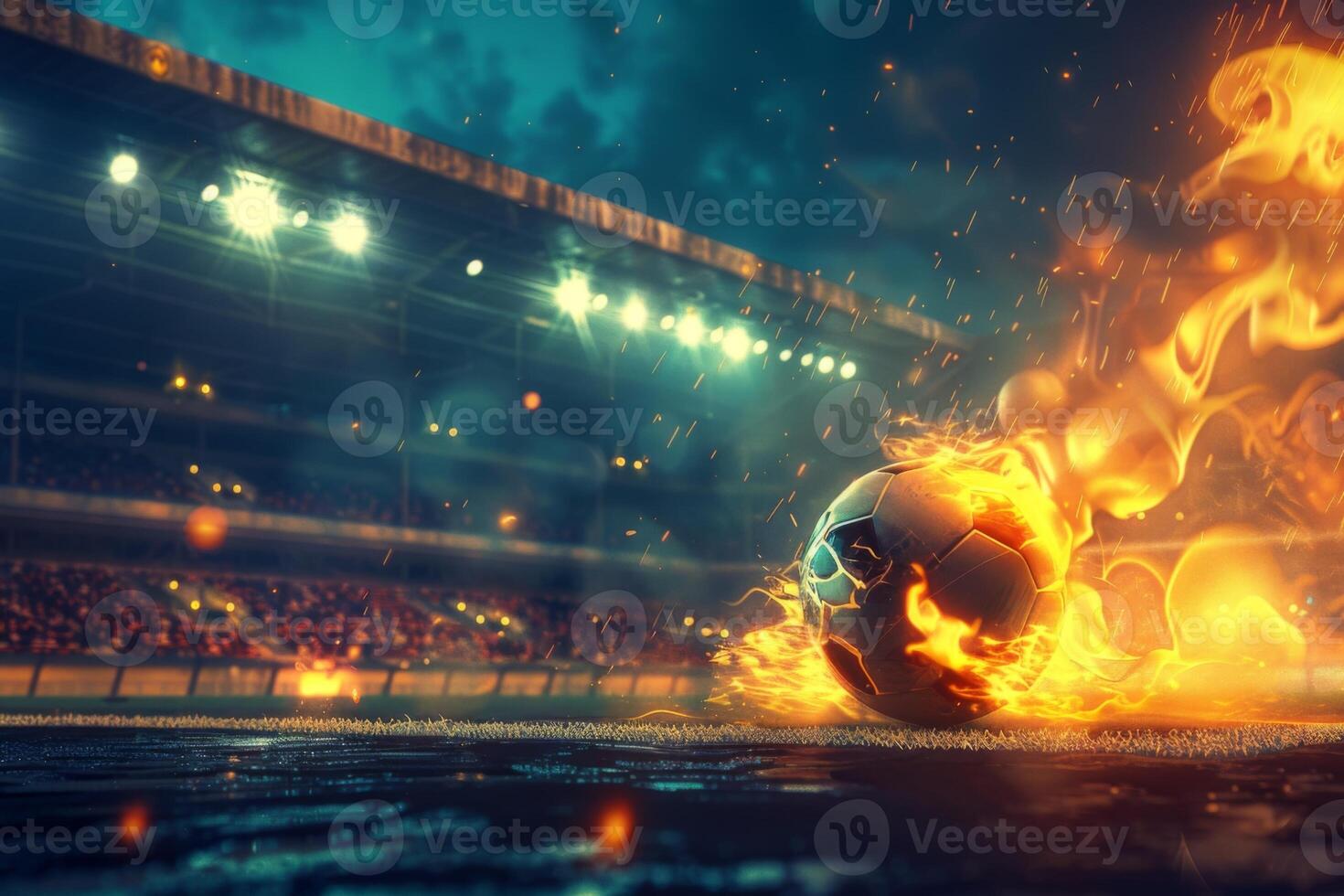 AI Generated Fiery soccer ball go fast at the football stadium. Generative AI photo