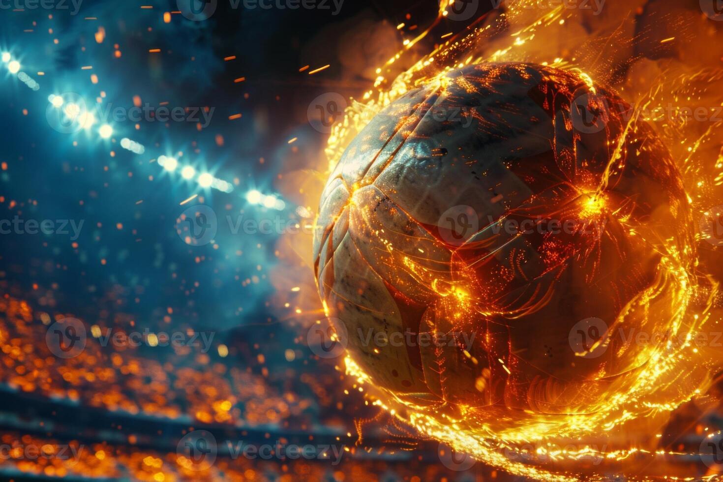 AI Generated Fiery soccer ball go fast at the football stadium. Generative AI photo