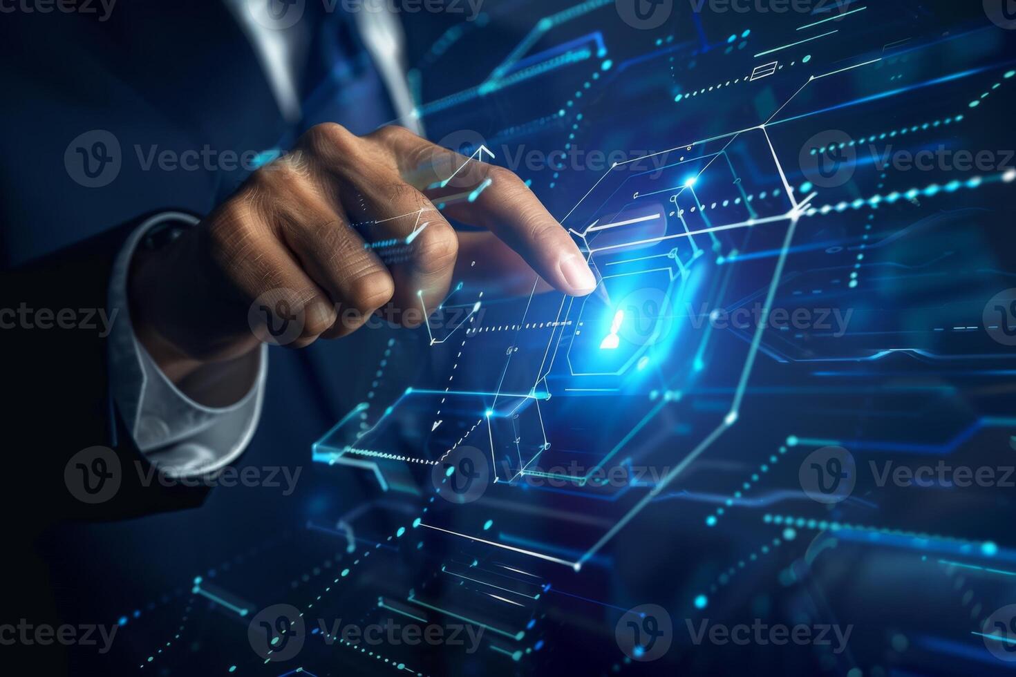 AI Generated Close-up of a professional's hand engaging with a futuristic cyber security interface photo