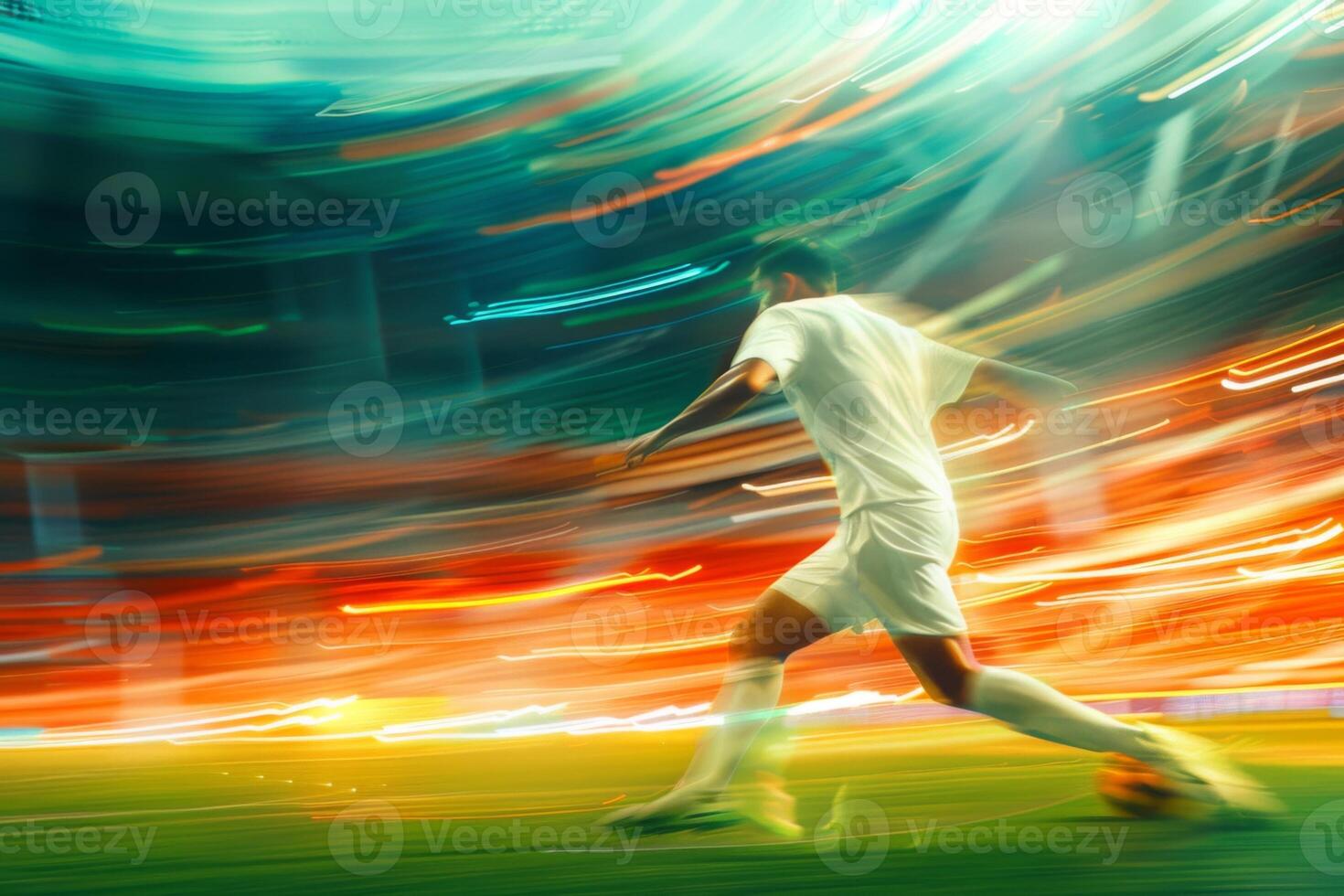 AI Generated Blurred motion image of a soccer player during a match with vibrant stadium lights in the background photo