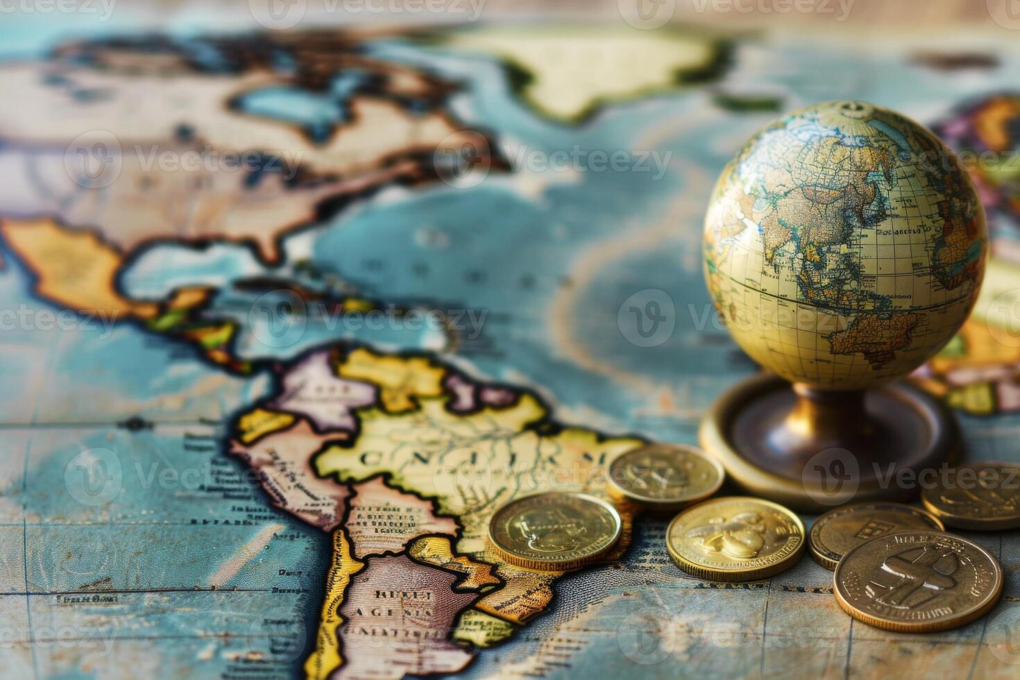 AI Generated Close-up of coins and a small globe on a detailed world map, symbolizing international finance photo