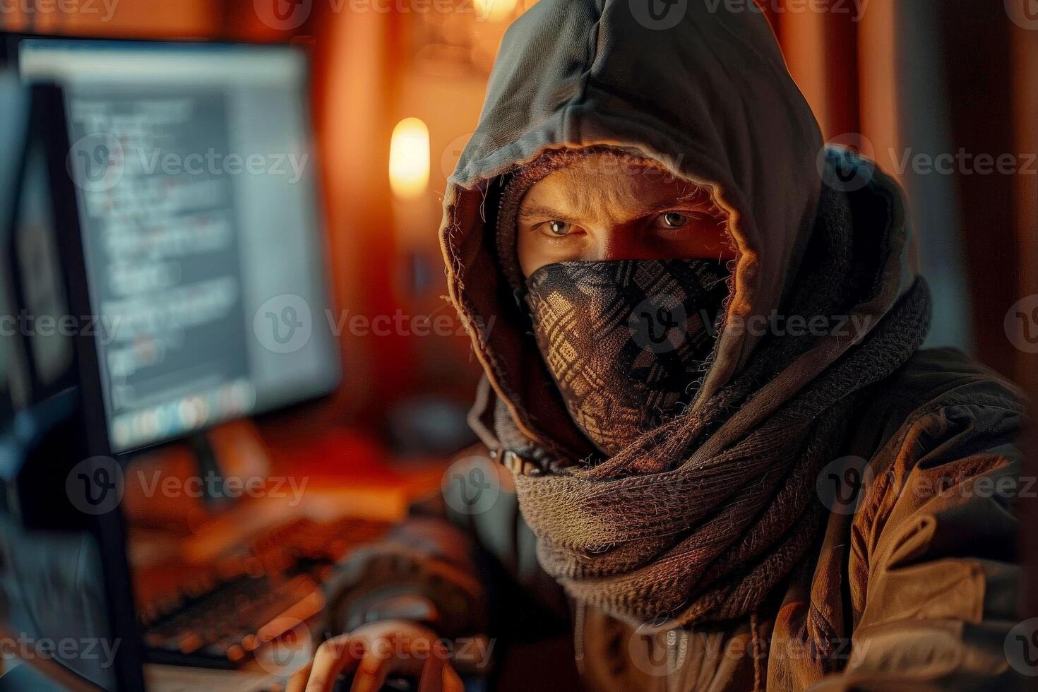 AI generated Scammer behind a laptop, notebook. AI generated photo