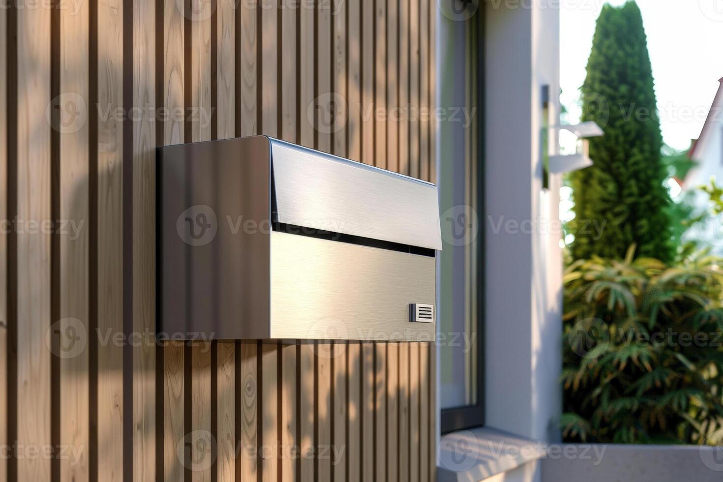 AI generated stainless Mailbox Mounted on the Wall of a New Modern Building . Modern numbered mailboxes box outdoors. Generated Ai photo