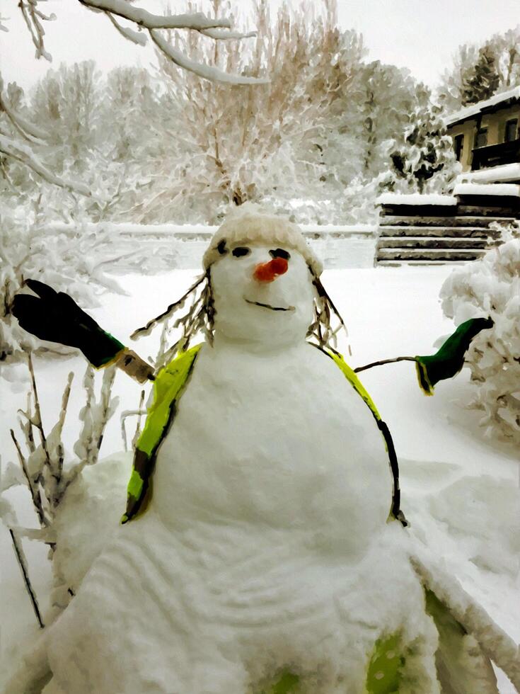 A snowman outside the house after a heavy snowfall in digital painting style photo