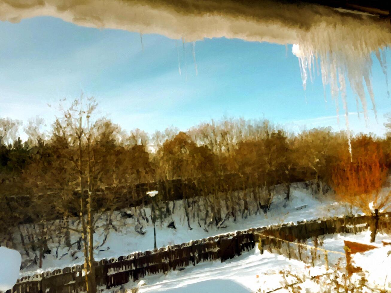 The landscape from the window after the snowfall in digital painting style photo