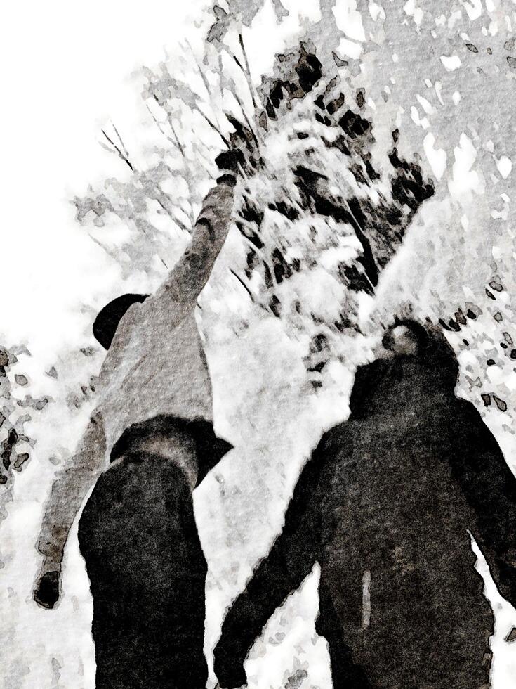 negro y blanco acuarela estilo de dos personas jugando en el bosque durante un nevada en del Norte Escandinavia foto