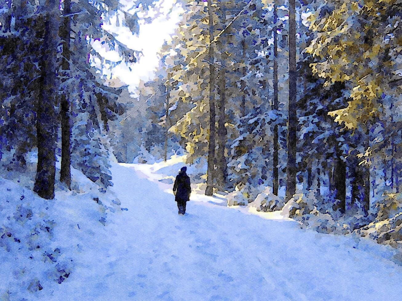 Digital watercolor style of a person walking in the woods during the winter in the north of Scandinavia photo