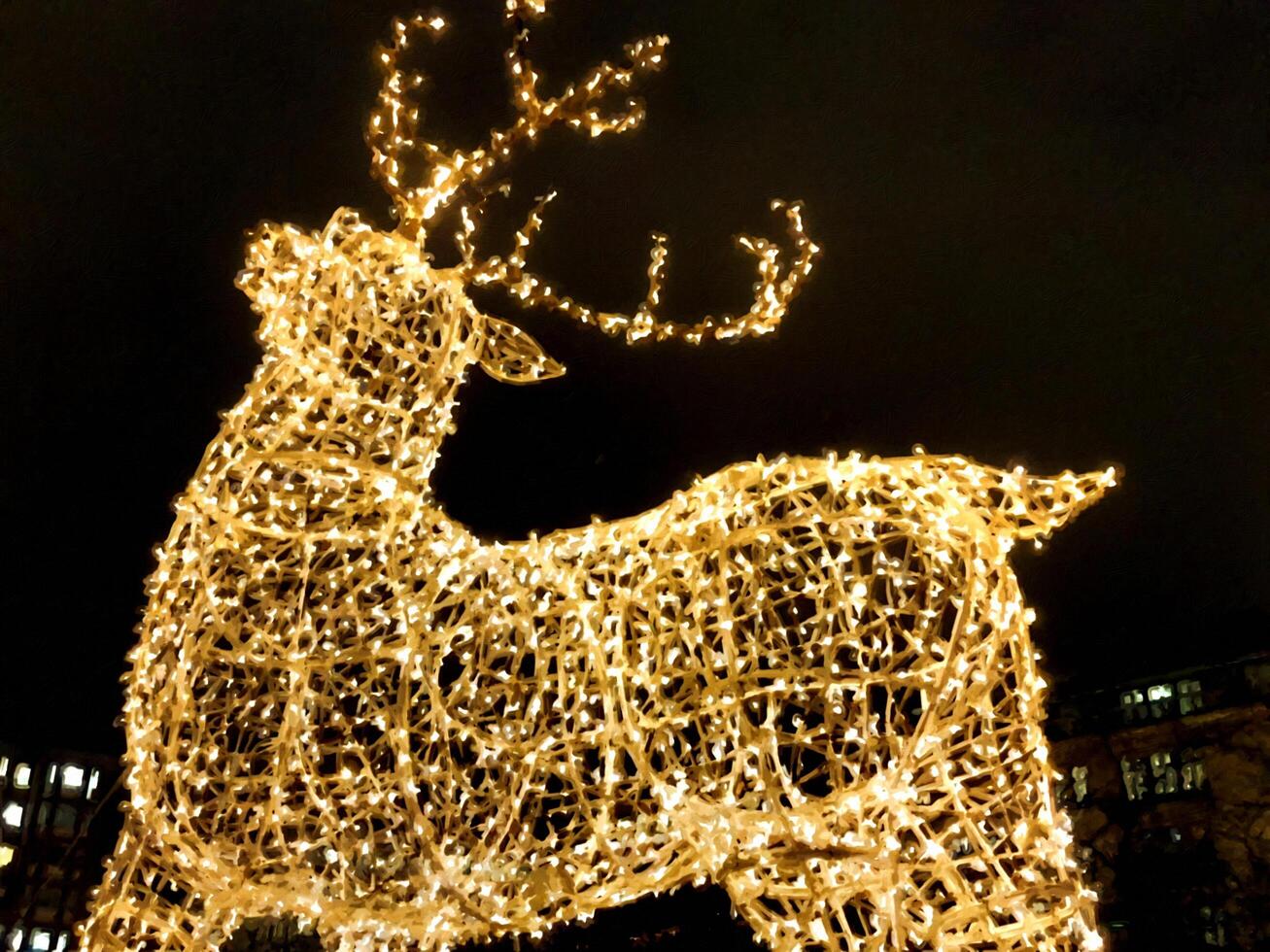 A glowing reindeer at night on the street in Scandinavia in digital painting style photo