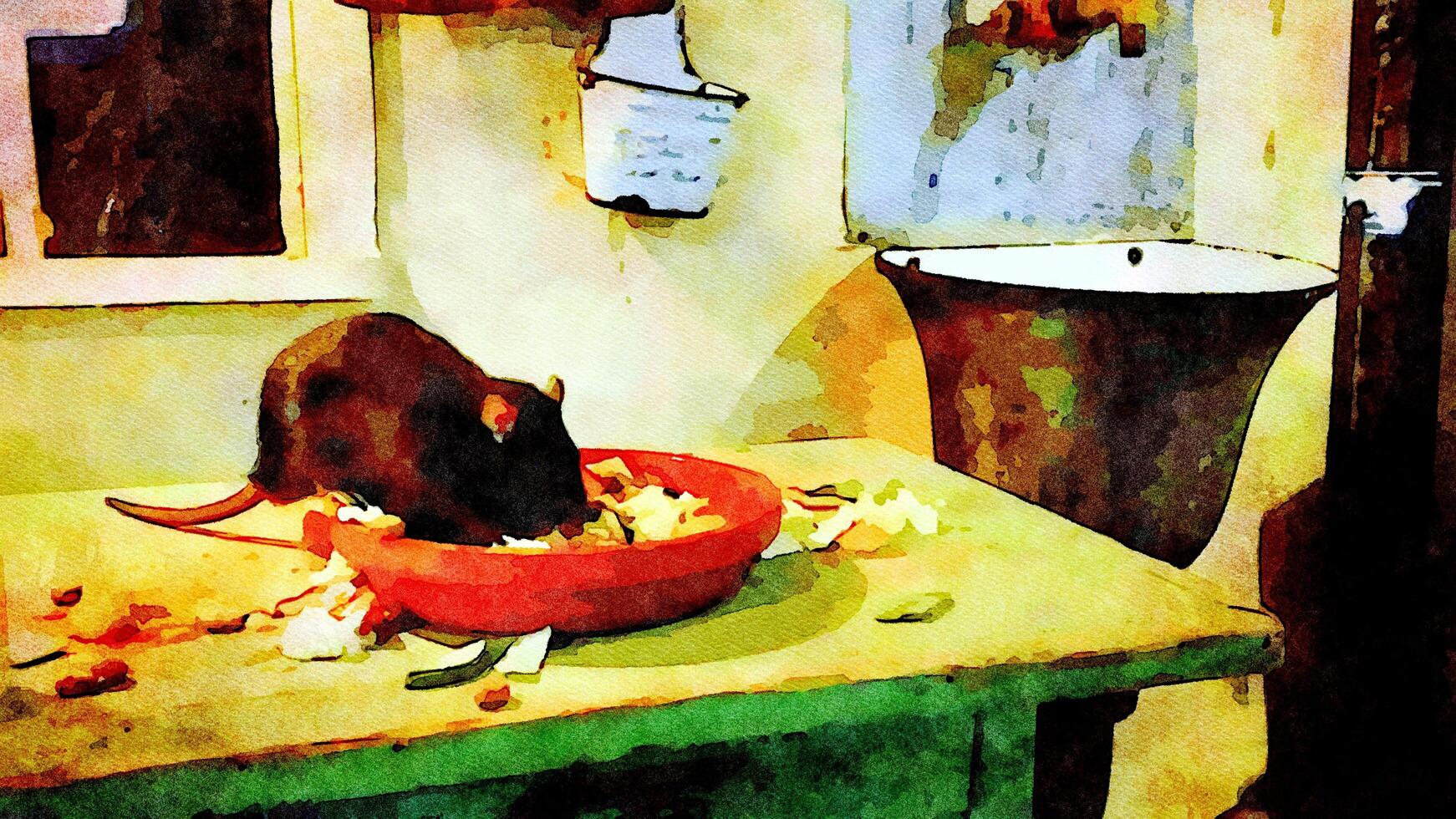 a rat eating on a table in an old house photo