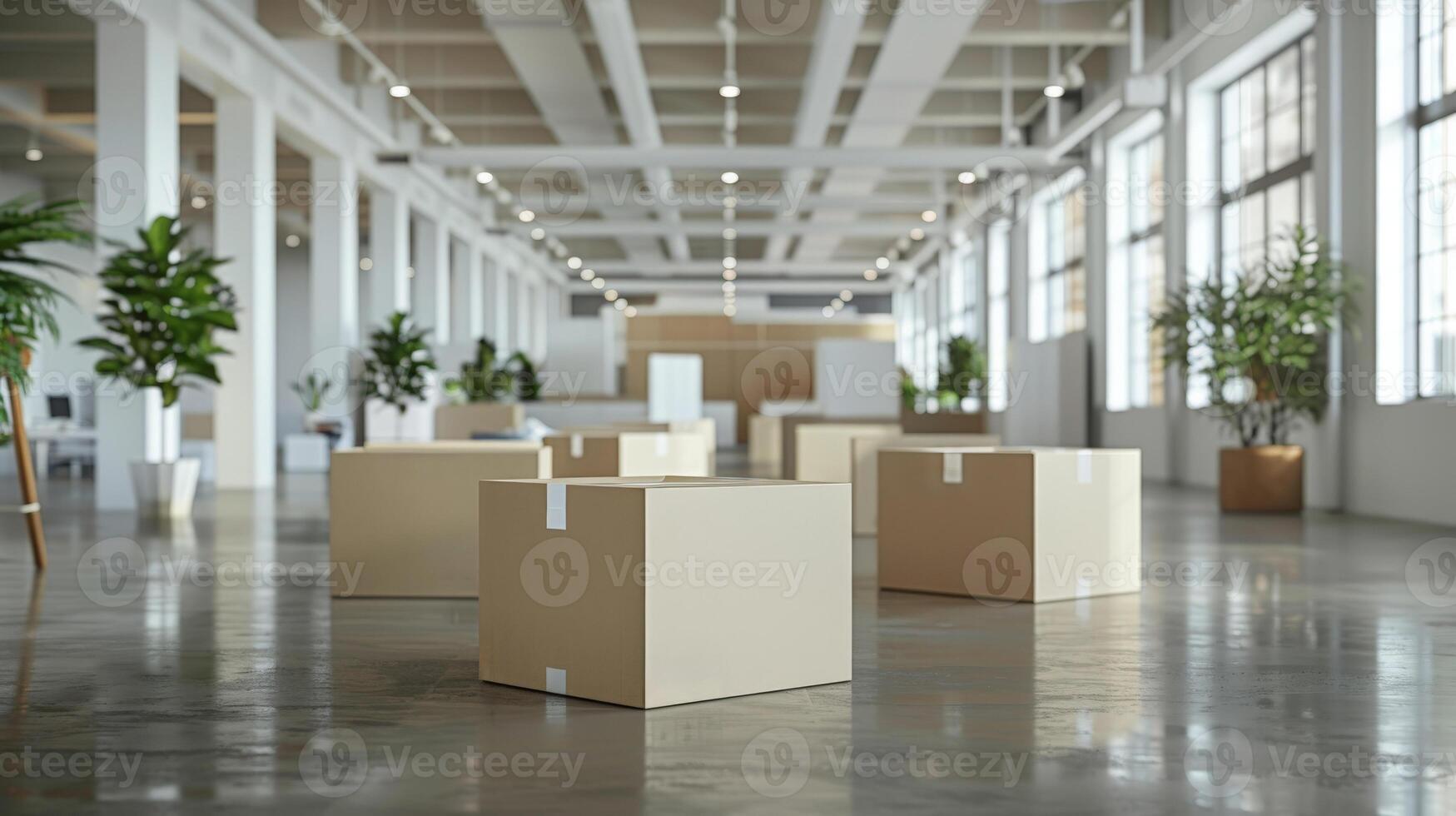 AI generated Cardboard boxes in empty office interior, moving concept. . Move to new office. Ai generative photo