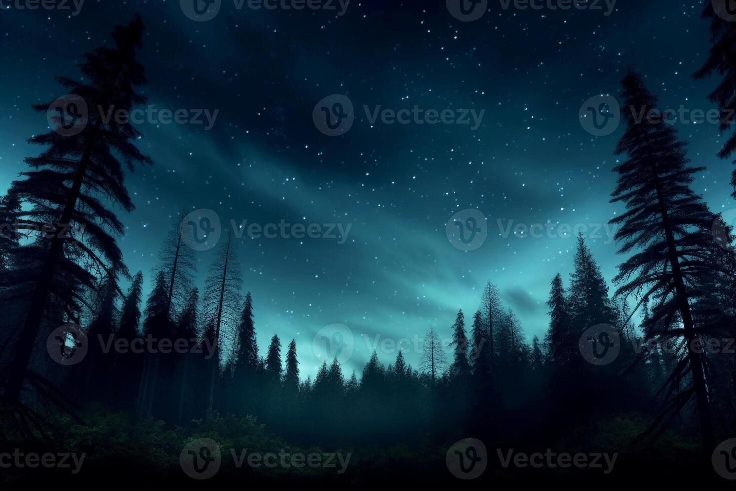 AI generated a pine trees under the sky with Northern lights. ai generative photo