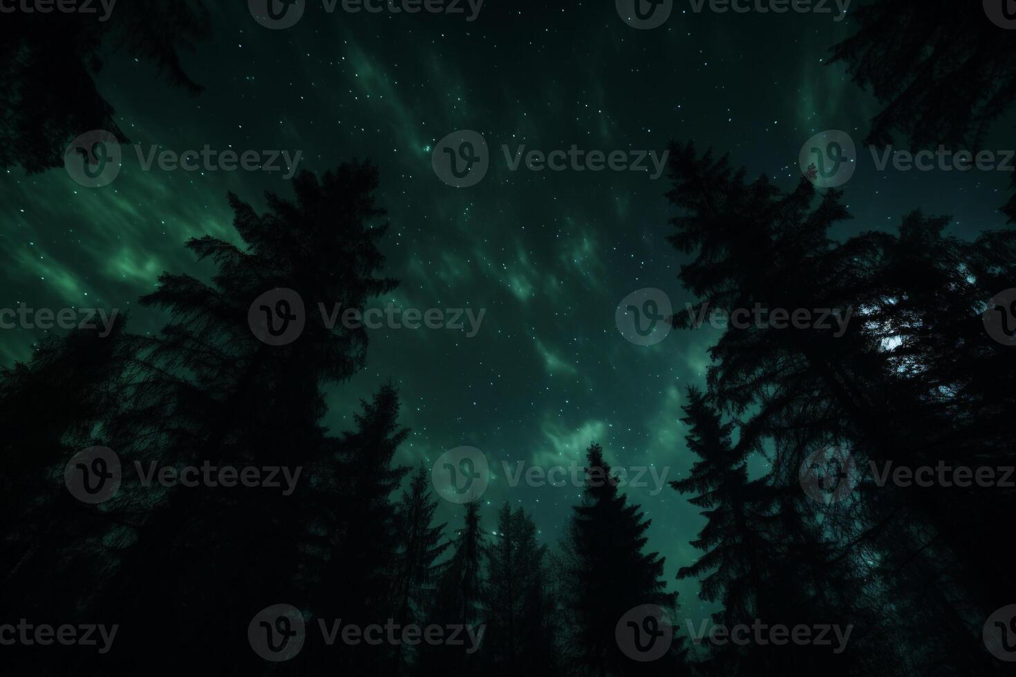 AI generated a pine trees under the sky with Northern lights. ai generative photo
