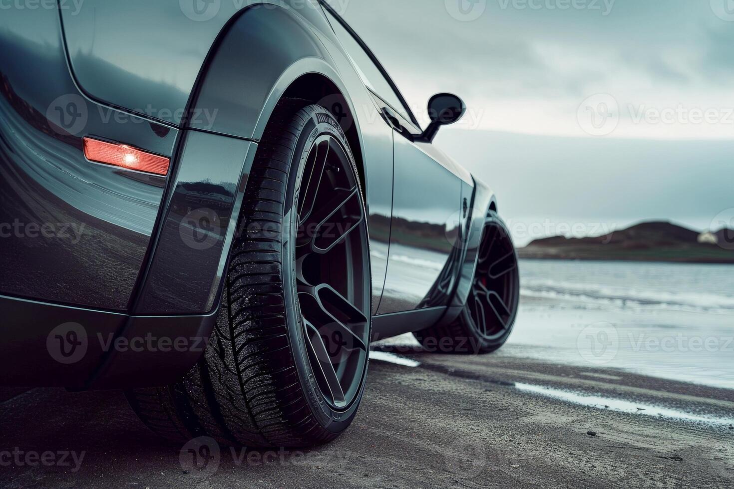 AI generated close up tire sport car on the summer beach. Generative Ai photo