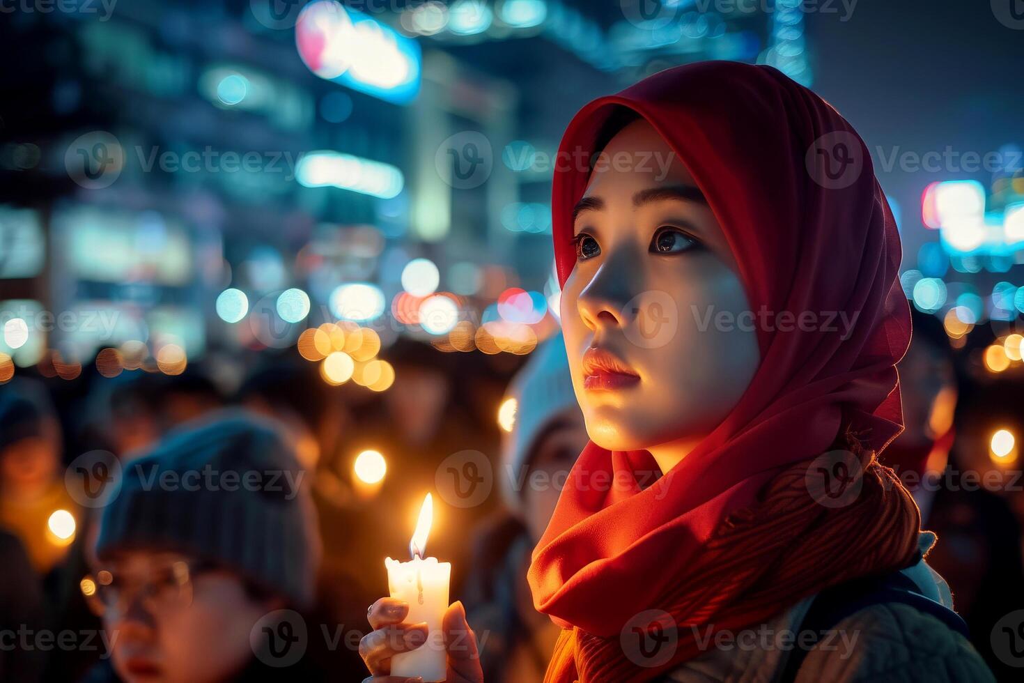 AI generated Vigil for victims of tragedy. Shot to sad woman holding candle. Generative AI photo