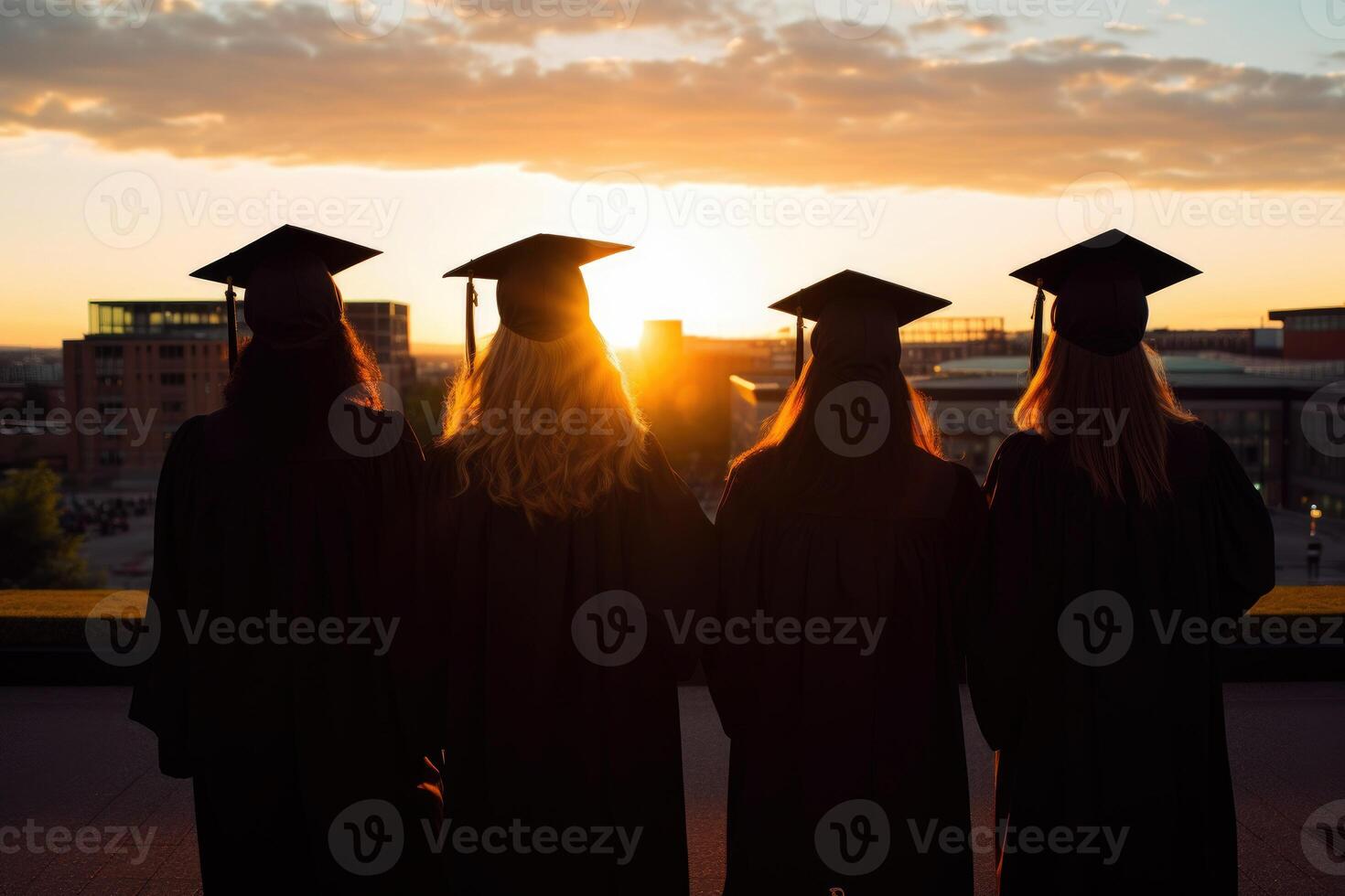 ai generado grupo de graduados caminando abajo el calle. generativo ai foto