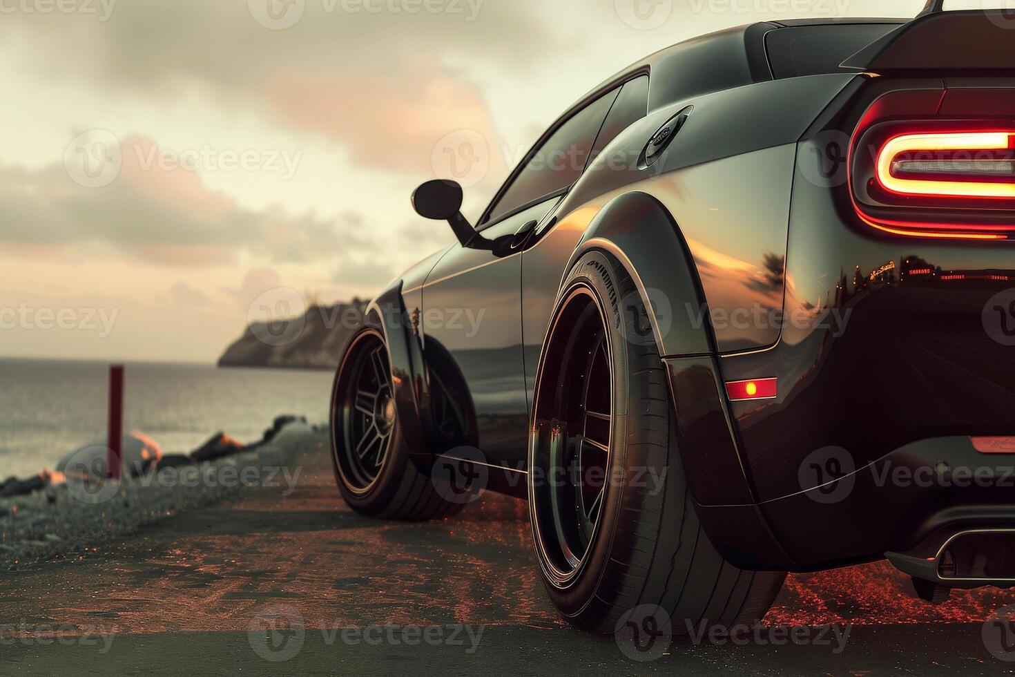 AI generated close up tire sport car on the summer beach. Generative Ai photo