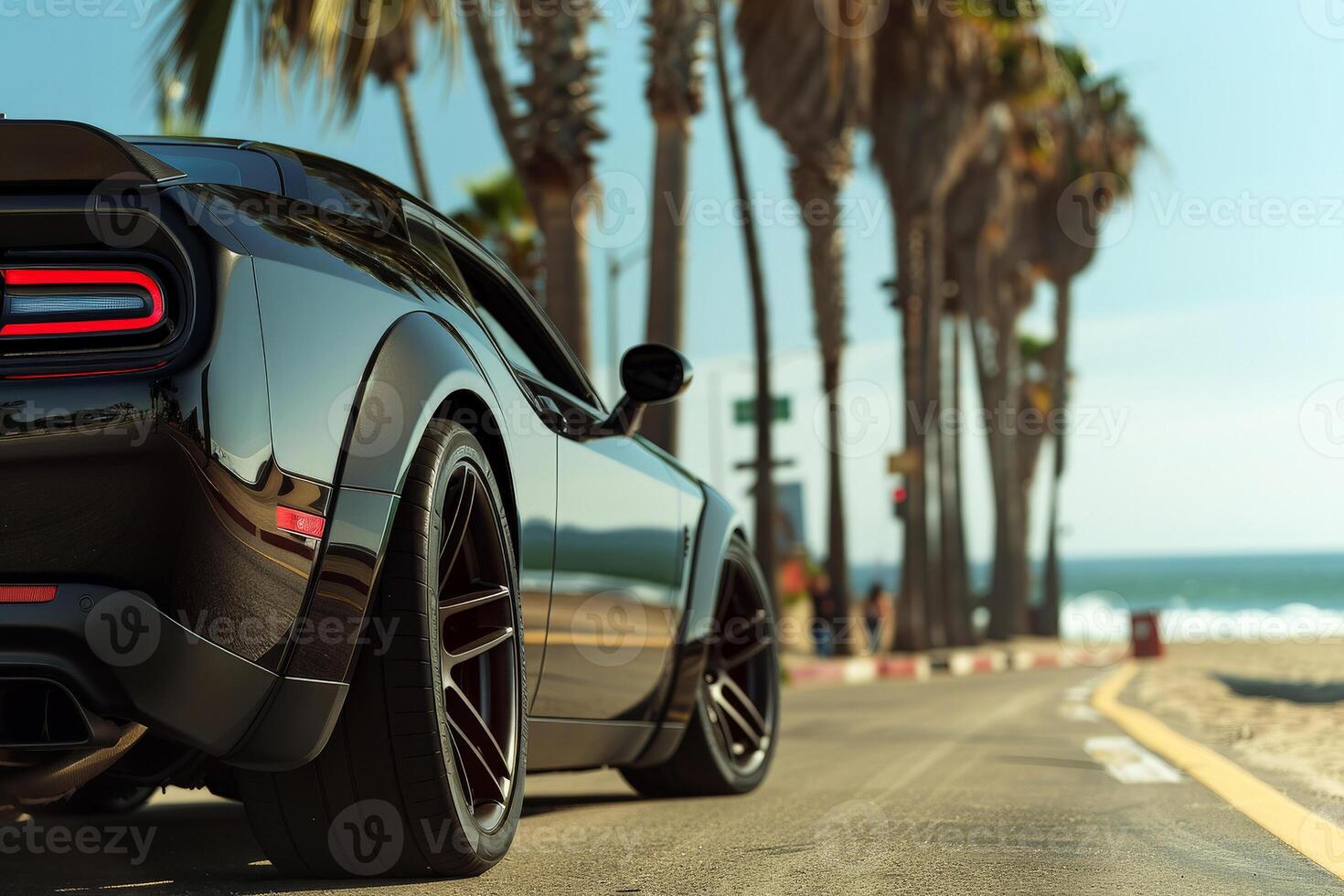 AI generated close up tire sport car on the summer beach. Generative Ai photo