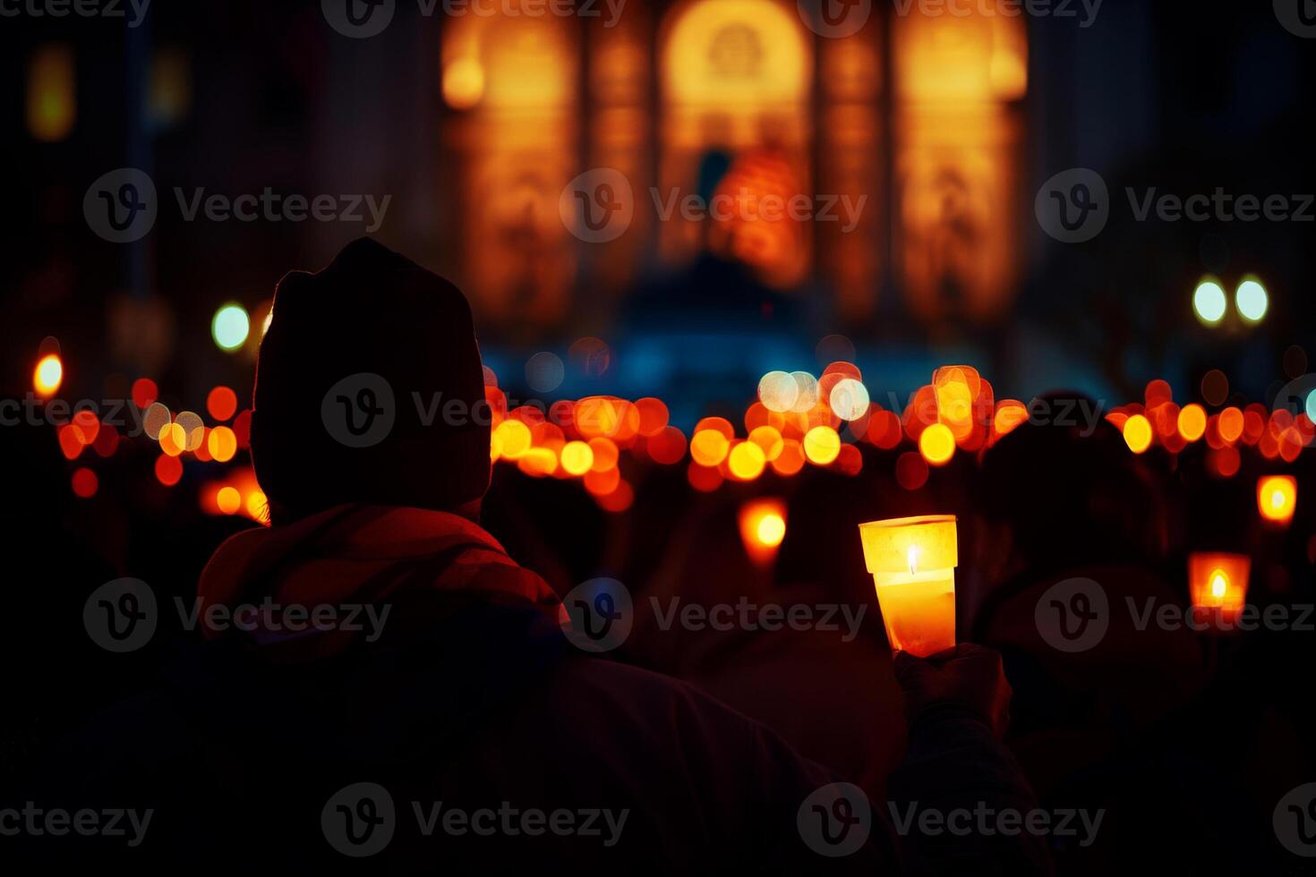 AI generated Vigil for victims of tragedy. Shot to person group holding candle. Generative AI photo