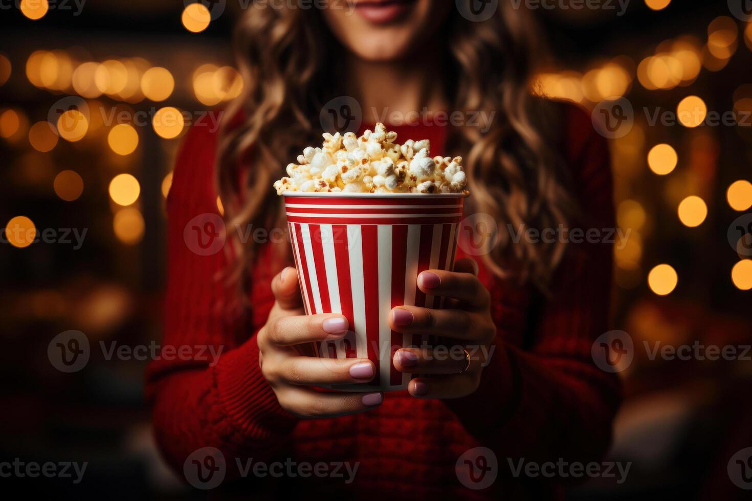 ai generado mujer participación un palomitas de maiz caja, concepto de entretenimiento. ai generativo foto