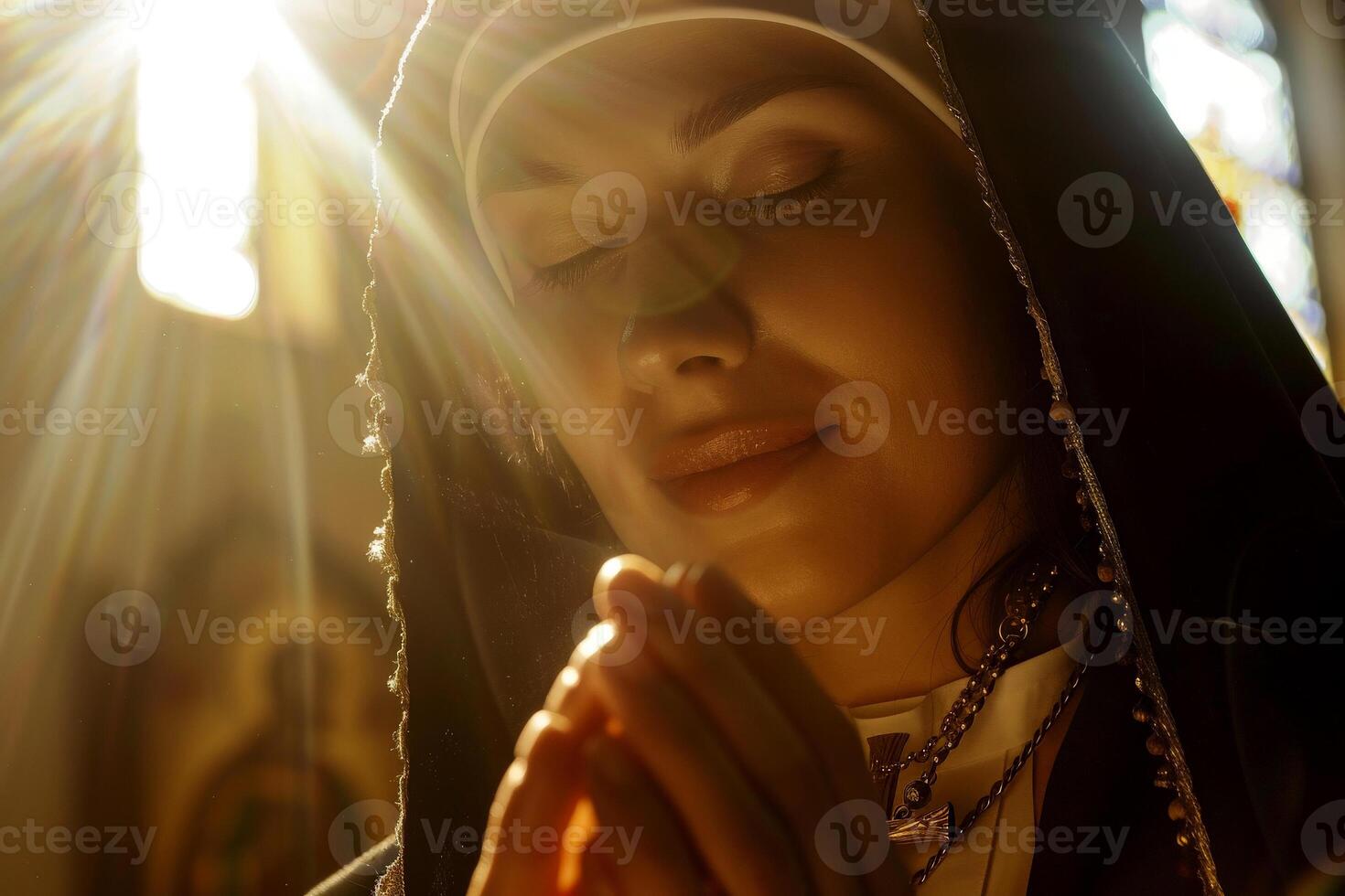 AI generated A woman holds a cross in her hands and prays intently in a Christian church, AI generation photo