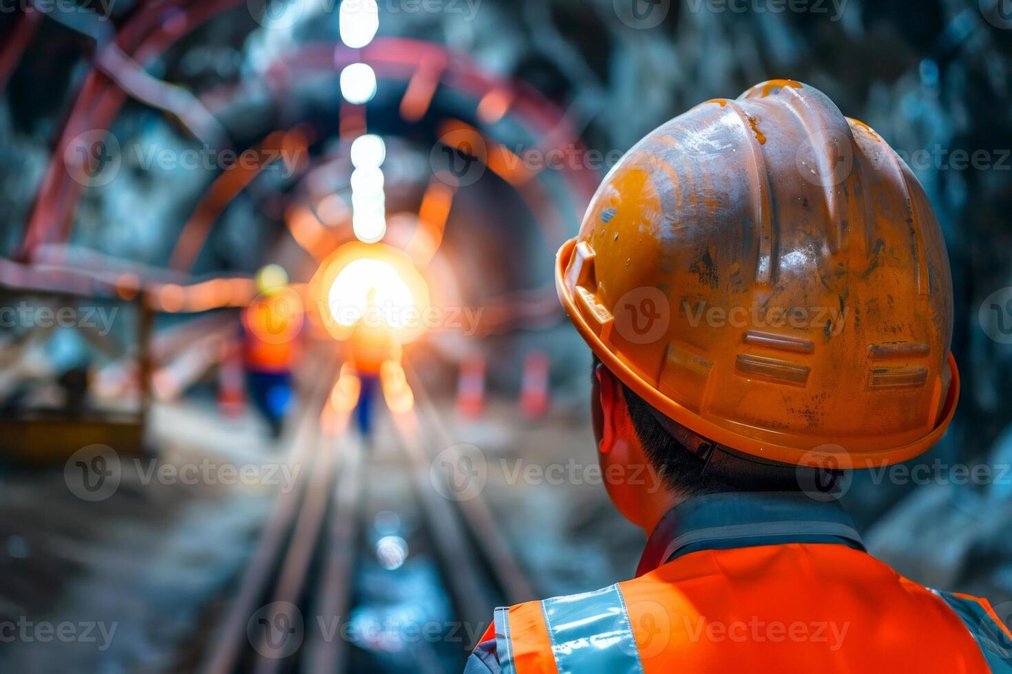 AI generated mine worker wearing helmets. at a mine site .Generative AI. photo