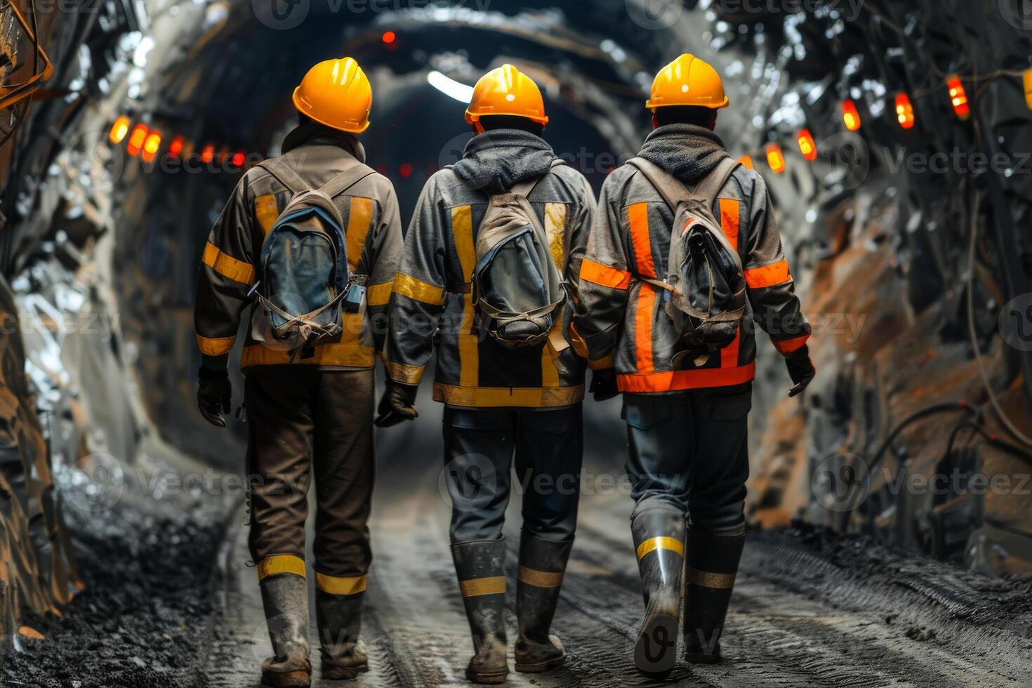 AI generated mine worker wearing helmets. at a mine site .Generative AI. photo