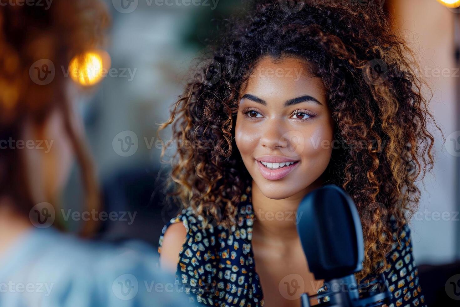 AI generated a woman doing a podcast interview. generative ai photo