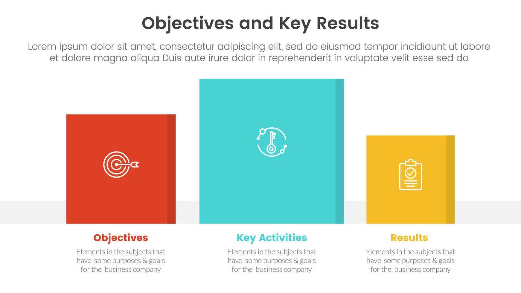 okr objectives and key results infographic 3 point stage template with square data box right direction concept for slide presentation vector